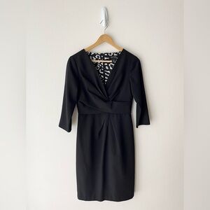 White House Black Market Black Ruched Dress with V-neck and 3/4 Sleeves